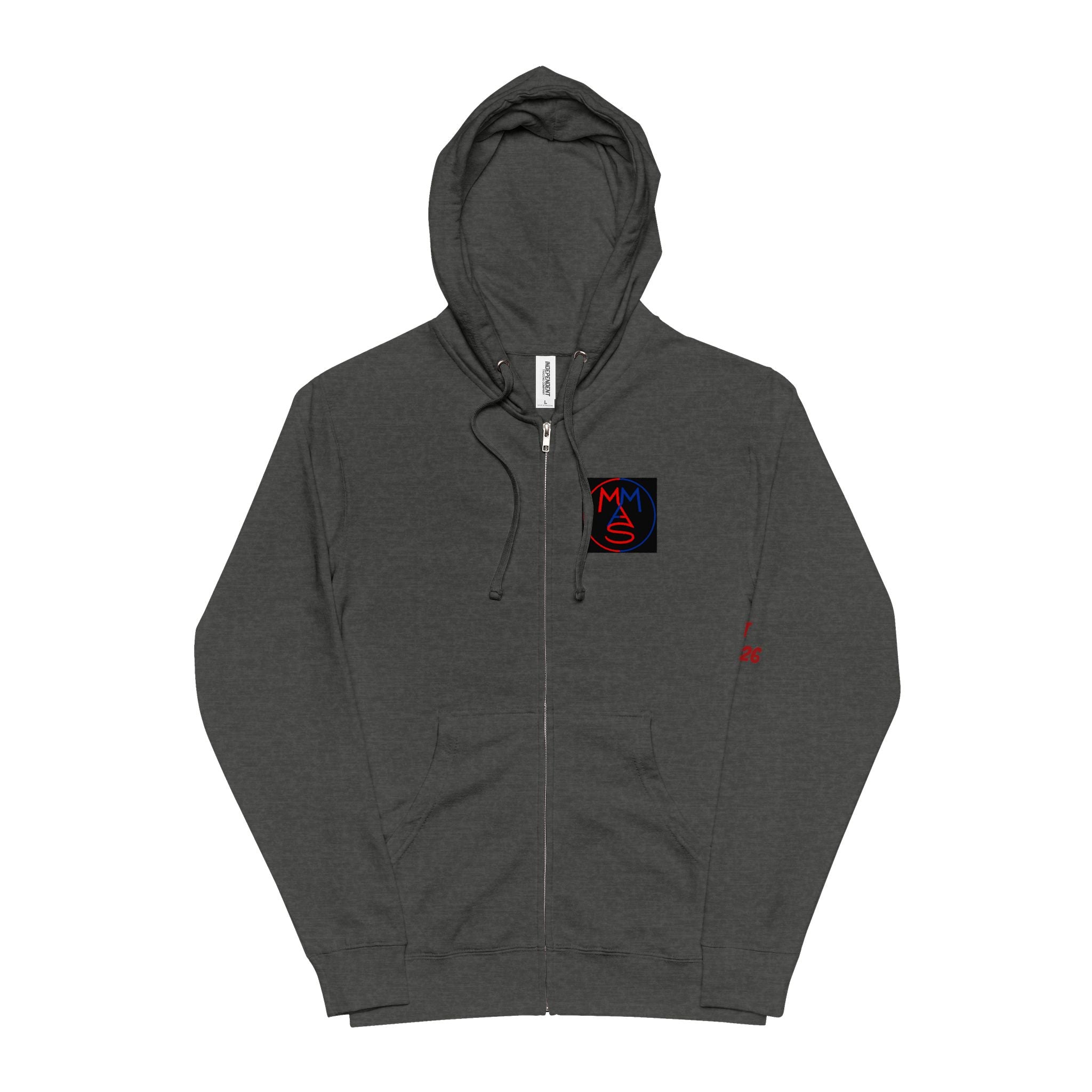 Zip-Up Hoodie — Minimal Logo Front, Red Text Back Statement