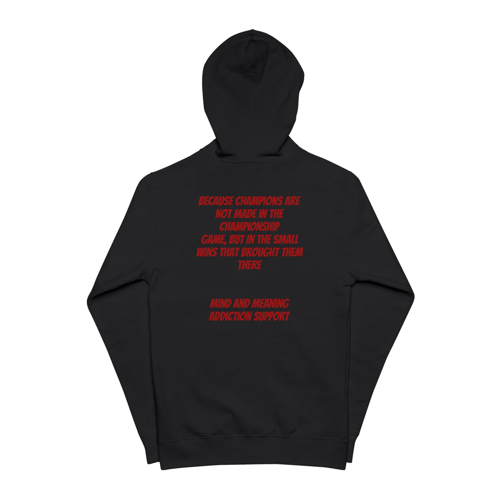 Zip-Up Hoodie — Minimal Logo Front, Red Text Back Statement