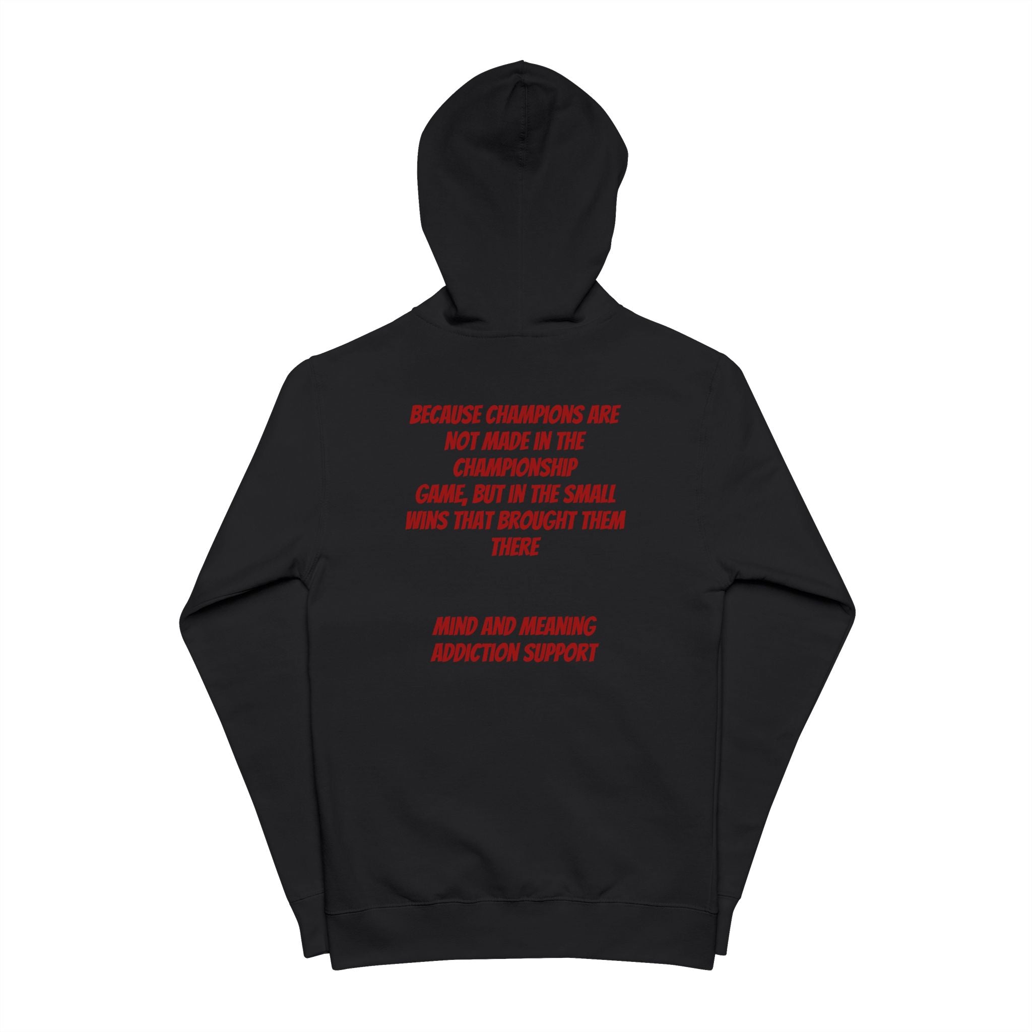 Zip-Up Hoodie — Minimal Logo Front, Red Text Back Statement