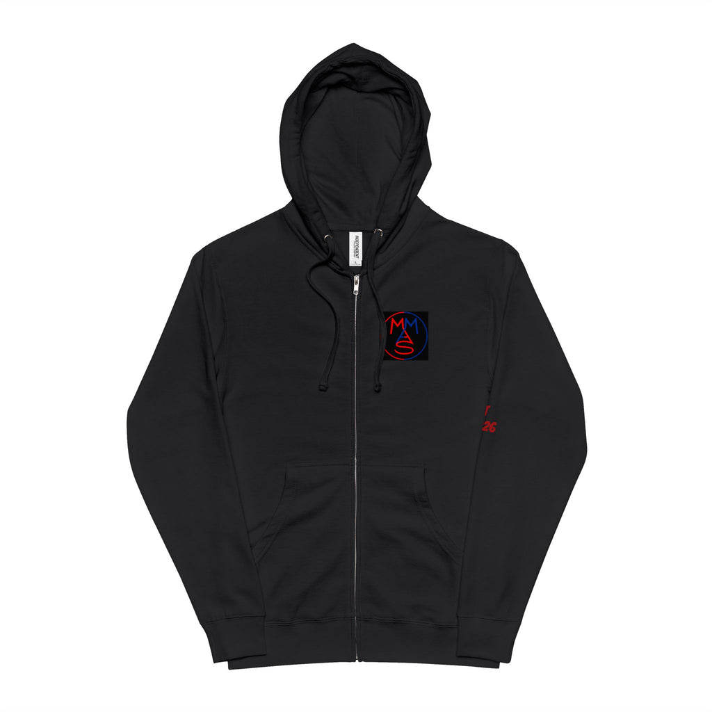 Zip-Up Hoodie — Minimal Logo Front, Red Text Back Statement