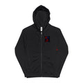 Zip-Up Hoodie — Minimal Logo Front, Red Text Back Statement