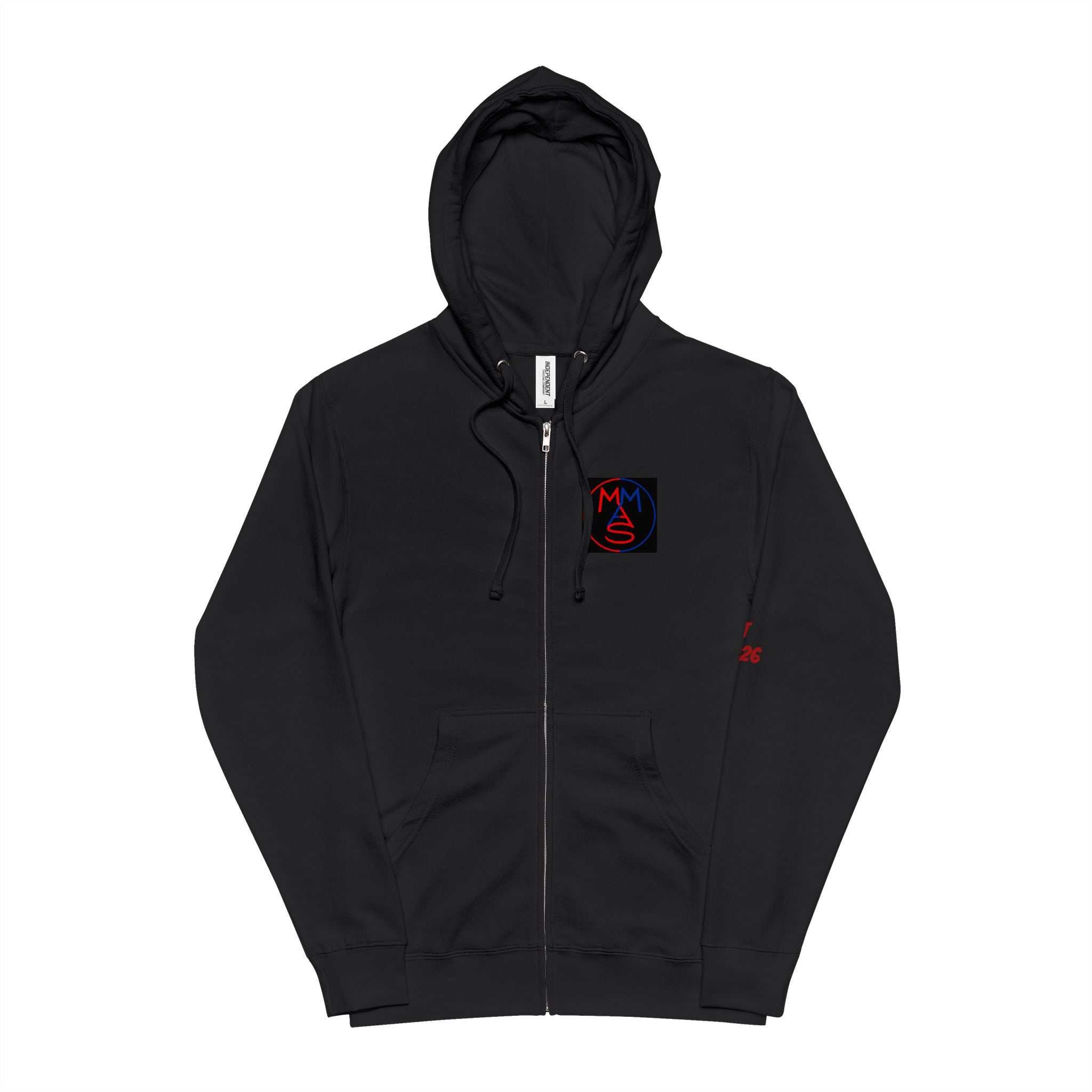 Zip-Up Hoodie — Minimal Logo Front, Red Text Back Statement