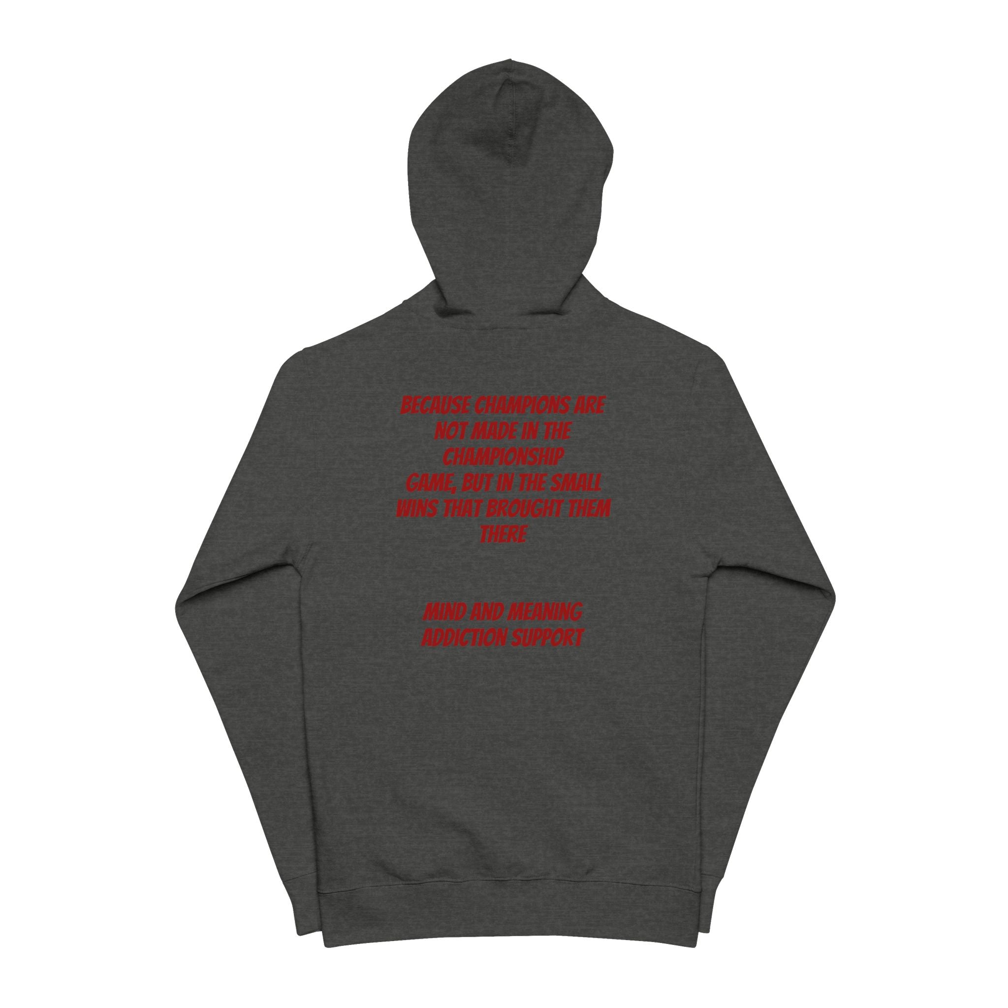 Zip-Up Hoodie — Minimal Logo Front, Red Text Back Statement